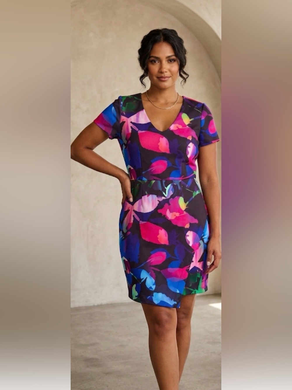 Trina Turk Vibrant Dark Floral Tropical V-Neck Faux Wrap Sheath Dress colorful